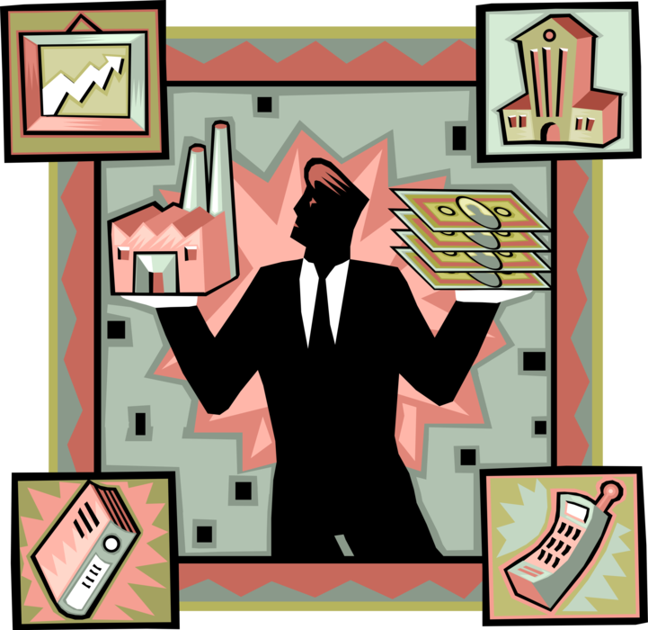 Vector Illustration of Businessman Keeps Watchful Eye on Business Manufacturing Costs