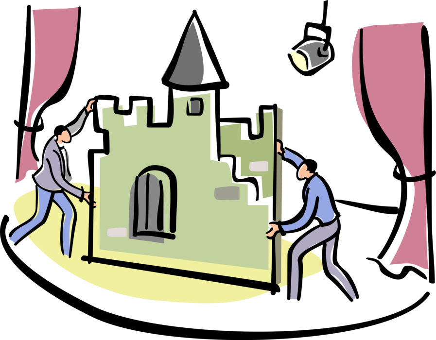 Vector Illustration of Stagehands Move Scenery Props Before Performance of Play on Theater or Theatre Stage