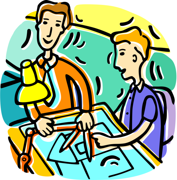Vector Illustration of Architecture School Professor and Student Preparing Technical Drawing at Drafting Board 