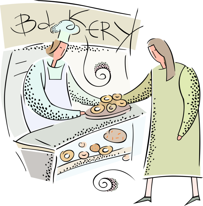Vector Illustration of Retail Bakery Shop Sells Baked Donuts and Pastries to Customer