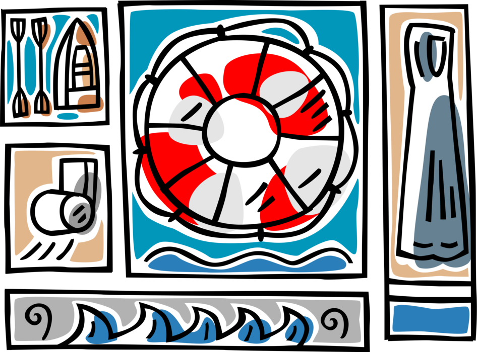 Vector Illustration of Life Preserver, Safety Whistle with Lifeboat and Ocean Waves