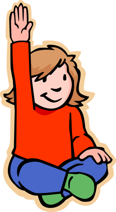 Vector Illustration of Primary or Elementary School Student Girl Raising Hand in Classroom to Answer Question