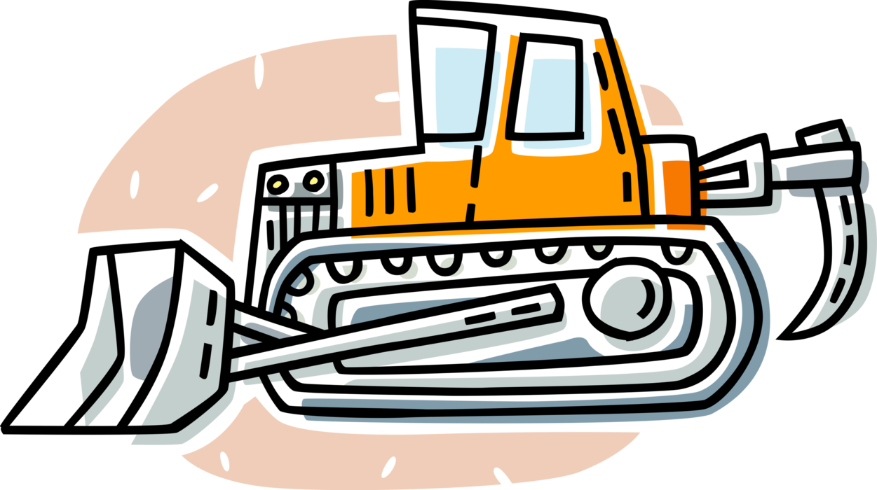 Vector Illustration of Construction Site with Earth Moving Bulldozer Continuous Tracked Tractor