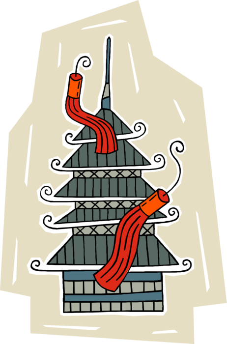 Vector Illustration of Chinese Pagoda Temple or Sacred Structure with Knotting Tassels
