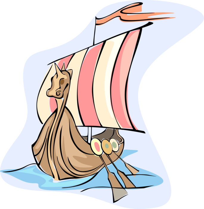 Vector Illustration of Nordic Viking Ship with Dragon's Head Marine Vessel Under Sail and Oar