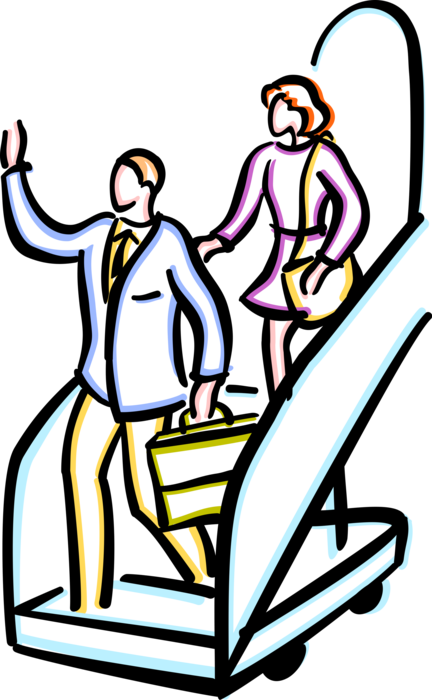 Vector Illustration of Commercial Airline Passengers Deplane Jet Airplane Staircase Stairs at Airport