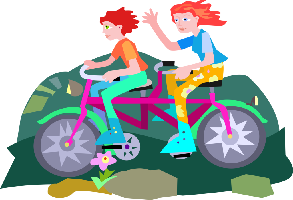 Vector Illustration of Cycling Enthusiasts Ride Tandem Bicycle on Summer Day