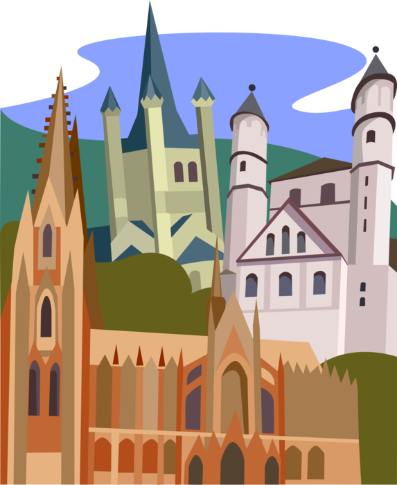 Vector Illustration of Cathedral Church Cologne with Great St. Martin Church, and St. Pantaleon, Germany
