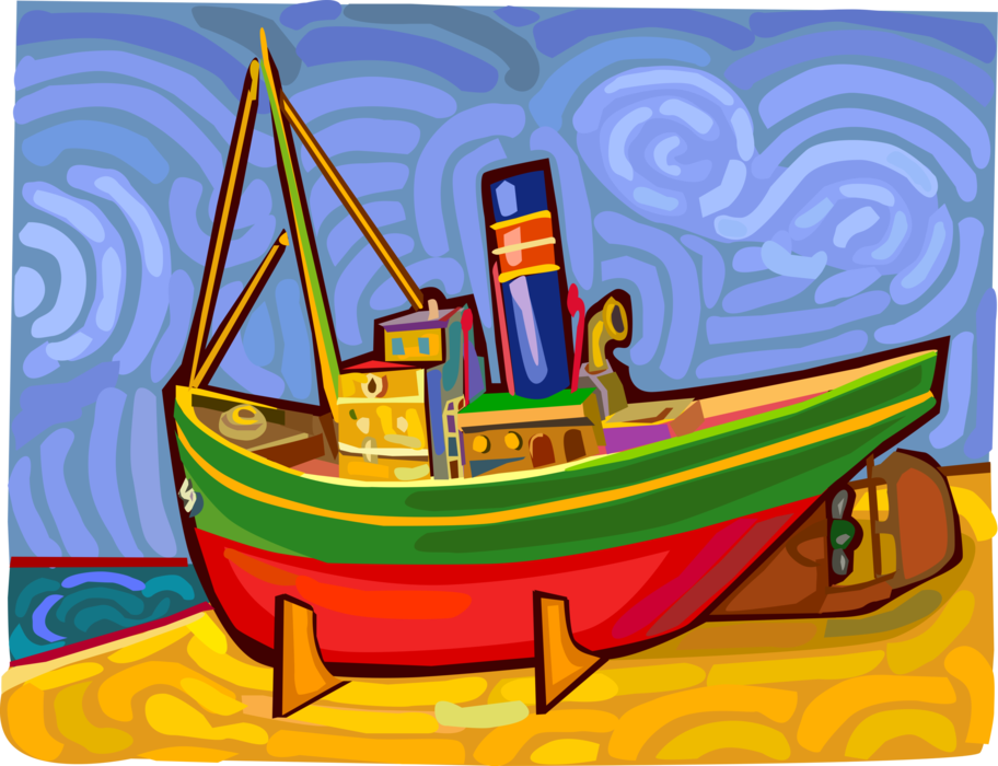 Vector Illustration of Maritime Steam Engine Fishing Boat on Beach Drydock