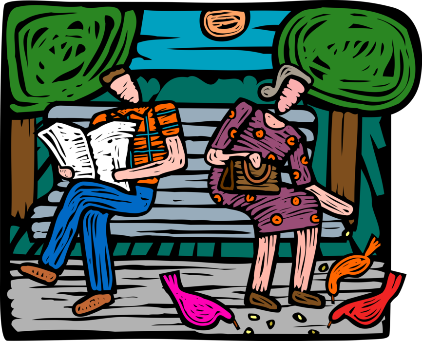 Vector Illustration of Reading the Newspaper and Feeding Pigeons on Park Bench