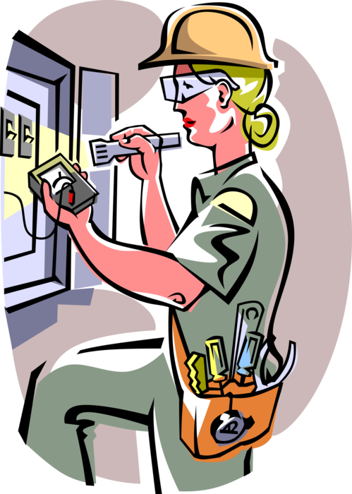 Vector Illustration of Electrician Tests Voltage of Electric Current at Electrical Panel