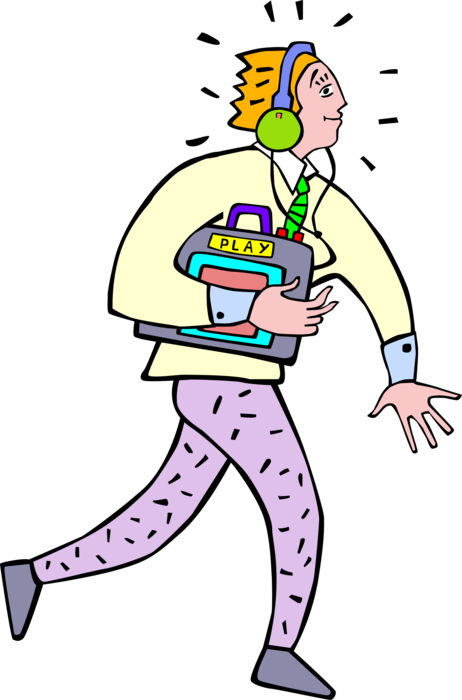 Vector Illustration of High School Student Walking with Portable Stereo and Headphones