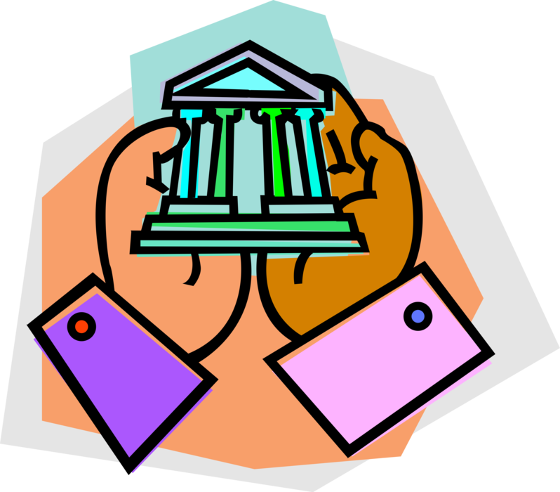 Vector Illustration of Hands Hold Financial Institution Investment Bank with Classical Columns