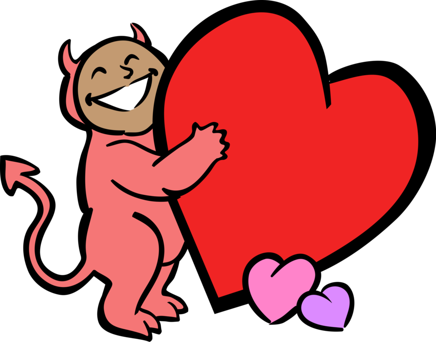 Vector Illustration of Romantic Little Devil in Satan Costume with Love Hearts