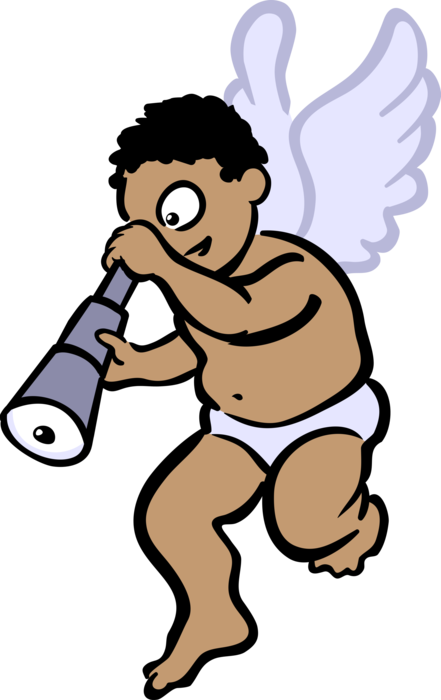 Vector Illustration of Winged Cupid God of Desire and Erotic Love with Telescope