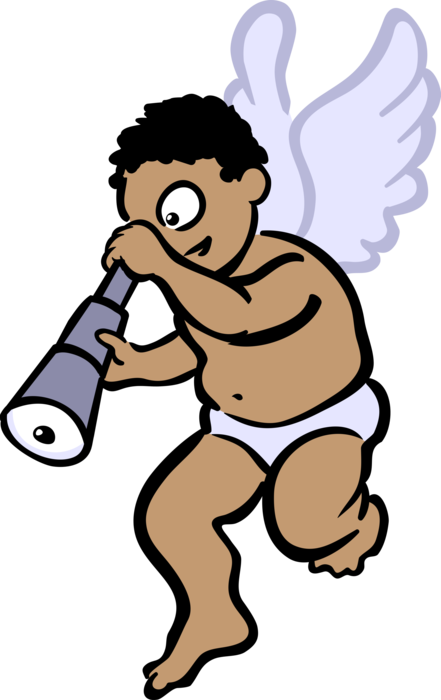 Vector Illustration of Winged Cupid God of Desire and Erotic Love with Telescope