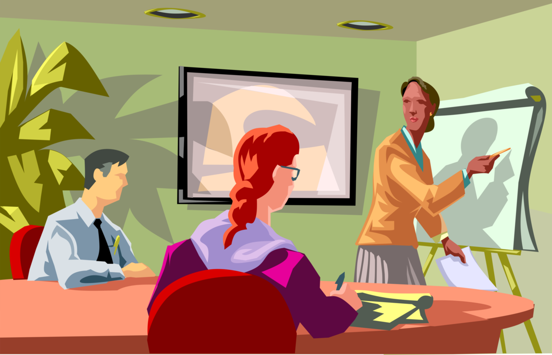 Vector Illustration of Businesswoman and Office Colleagues Discuss Business Strategy in Boardroom Meeting