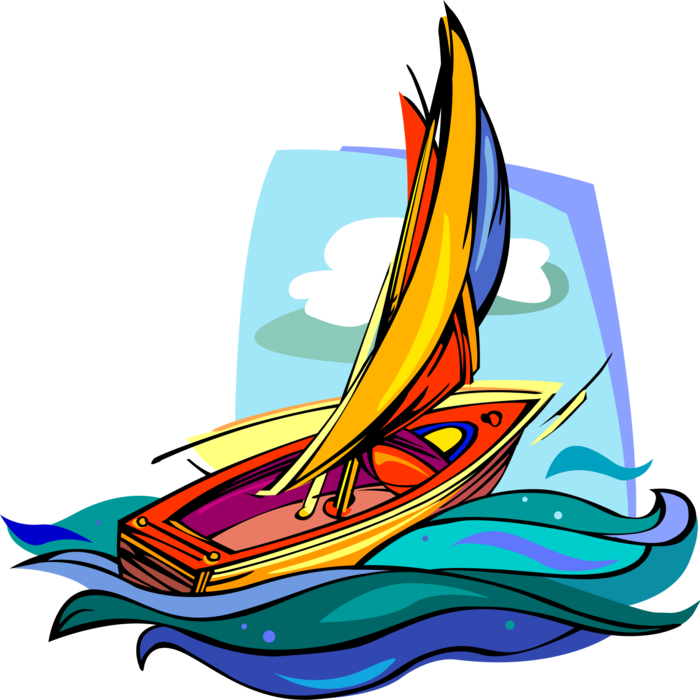 Vector Illustration of Sailboat Sailing on Rough Seas with Sails