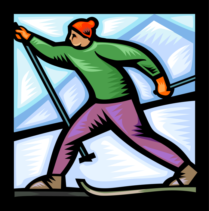 Vector Illustration of Cross-Country Nordic Skier Skis on Fresh Snow in Winter