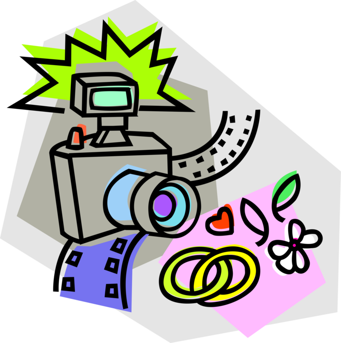 Vector Illustration of Photographic Camera Takes Photography Photo Pictures of Wedding Ceremony with Rings