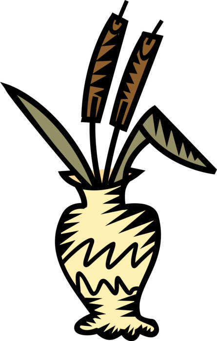 Vector Illustration of Ceramic Vase with Cattail Bulrushes Bulrush