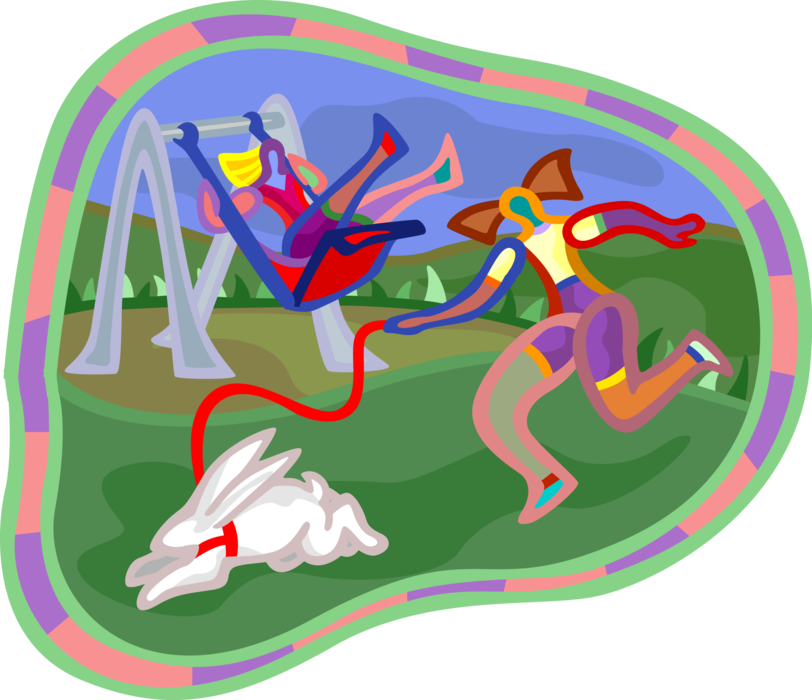 Vector Illustration of Children Playing on Swings in Park with Small Mammal Rabbit on Leash