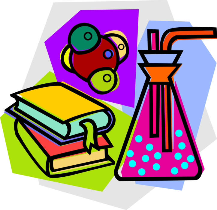 Vector Illustration of School Chemistry Class with Textbooks, Flask and Science Molecule