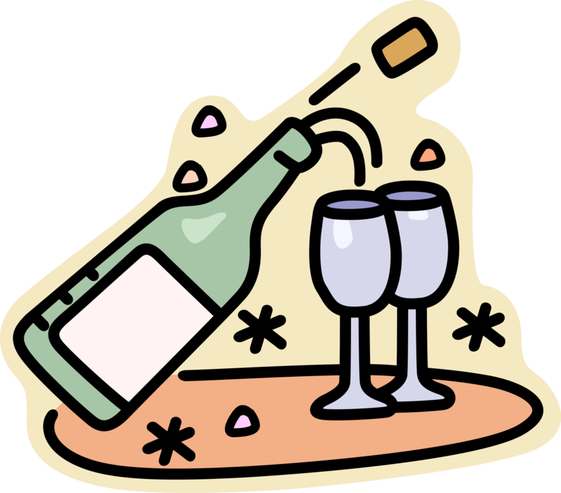 Vector Illustration of Alcohol Beverage Champagne Bottle and Glasses in Celebration