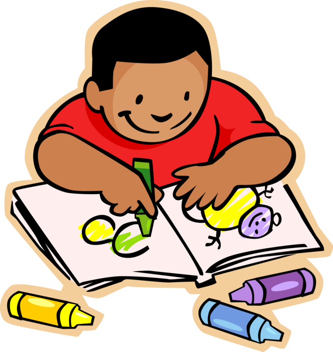 Vector Illustration of Primary or Elementary School Student Boy Colors with Crayons and Coloring Book