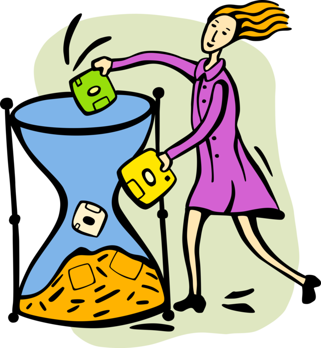 Vector Illustration of Woman Putting Diskettes Into Hourglass or Sandglass