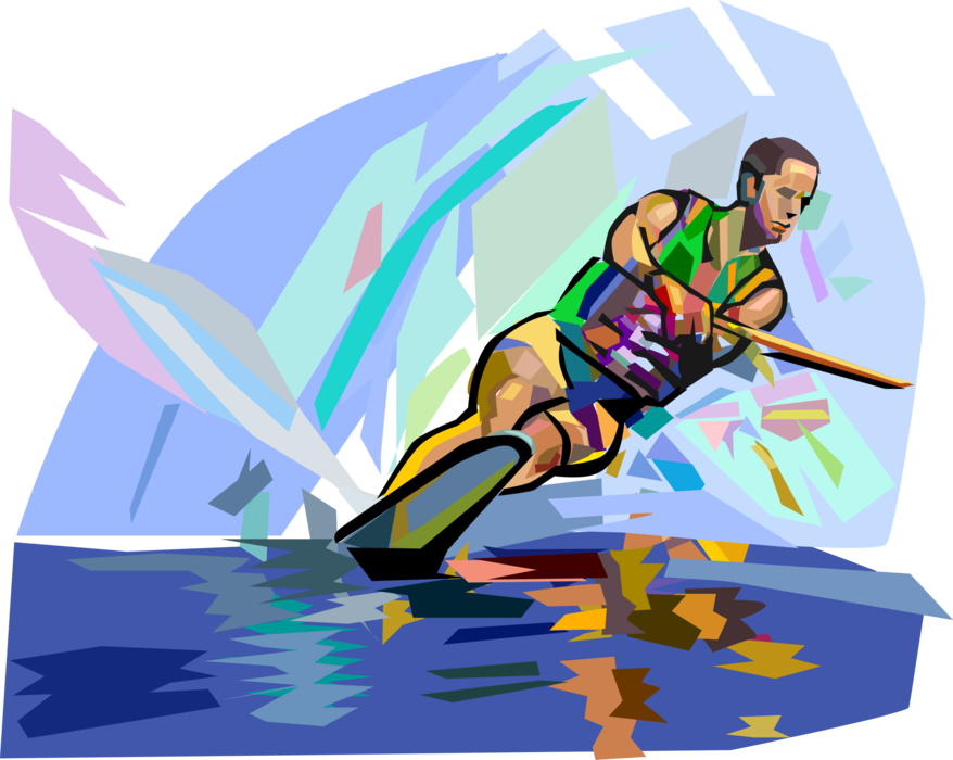 Vector Illustration of Water Skier Having Fun Slalom Water Skiing on Water