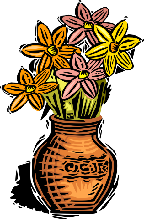 Vector Illustration of Cut Garden Flowers in Ceramic Pottery Vase