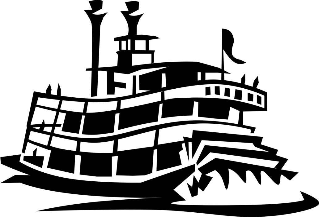 Vector Illustration of Mississippi Paddleboat or Paddle Steamship or Riverboat Powered Steam Engine