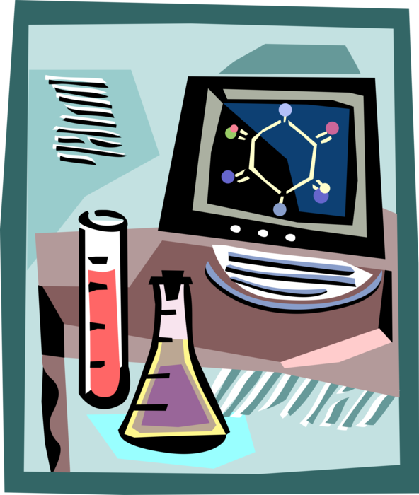 Vector Illustration of School Chemistry Class with Test Tubes and Computer Monitor