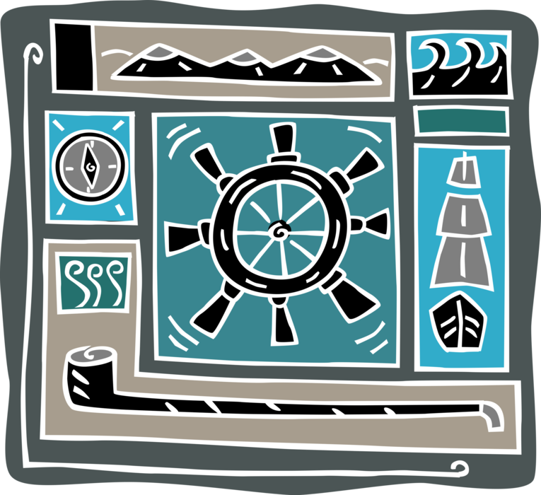 Vector Illustration of Navigation Compass with Tall Ship, Captain's Pipe and Ship's Helm Wheel