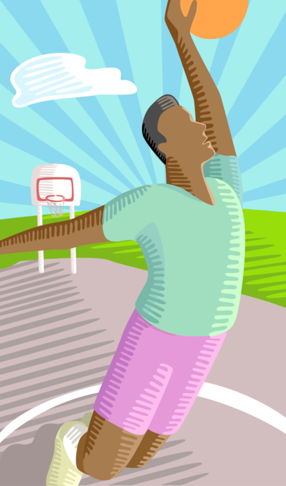 Vector Illustration of Sport of Basketball Game Player Slam Dunking Ball in Hoop Net