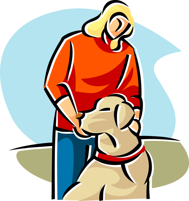 Vector Illustration of Woman with Family Pet Golden Lab Retriever Dog