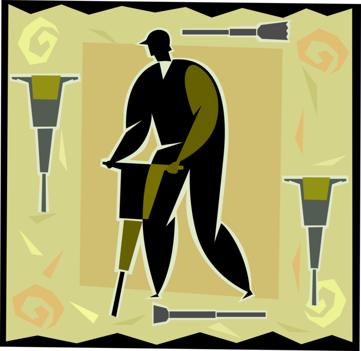 Vector Illustration of Construction Worker with Pneumatic Jackhammer Drill