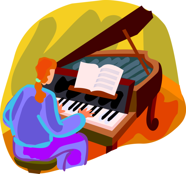 Vector Illustration of Pianist Musician Plays Grand Piano Keyboard Musical Instrument