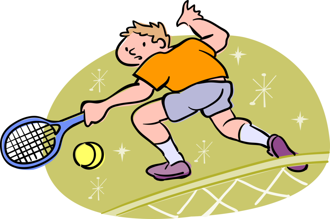 Vector Illustration of Sport of Tennis Player Backhand Shot with Ball During Match