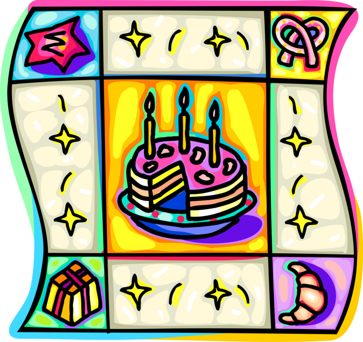 Vector Illustration of Dessert Pastry Birthday Cake with Lit Candles