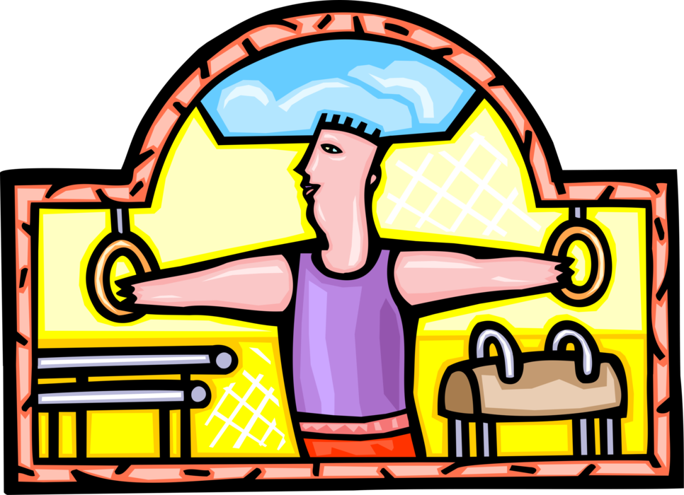 Vector Illustration of Gymnast Performing on the Rings in Gymnastics Competition