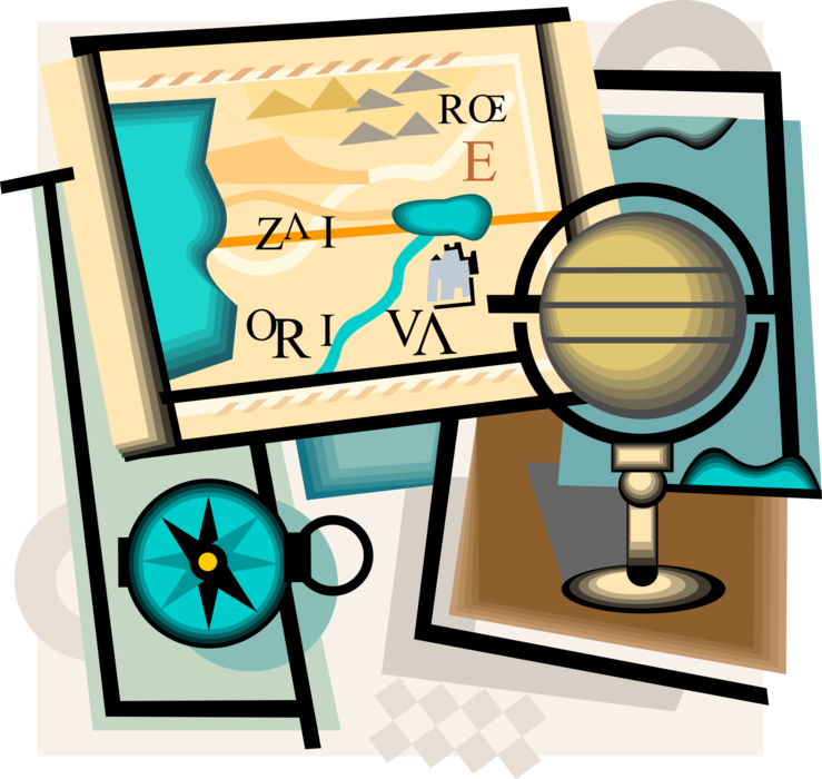 Vector Illustration of Ancient Map with Magnetic Navigational Compass and World Globe