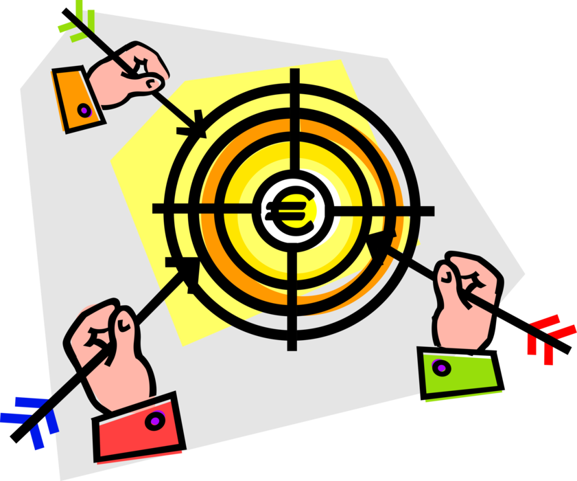 Vector Illustration of Hands with Arrows and Euro Currency Bullseye or Bull's-Eye Finance Target