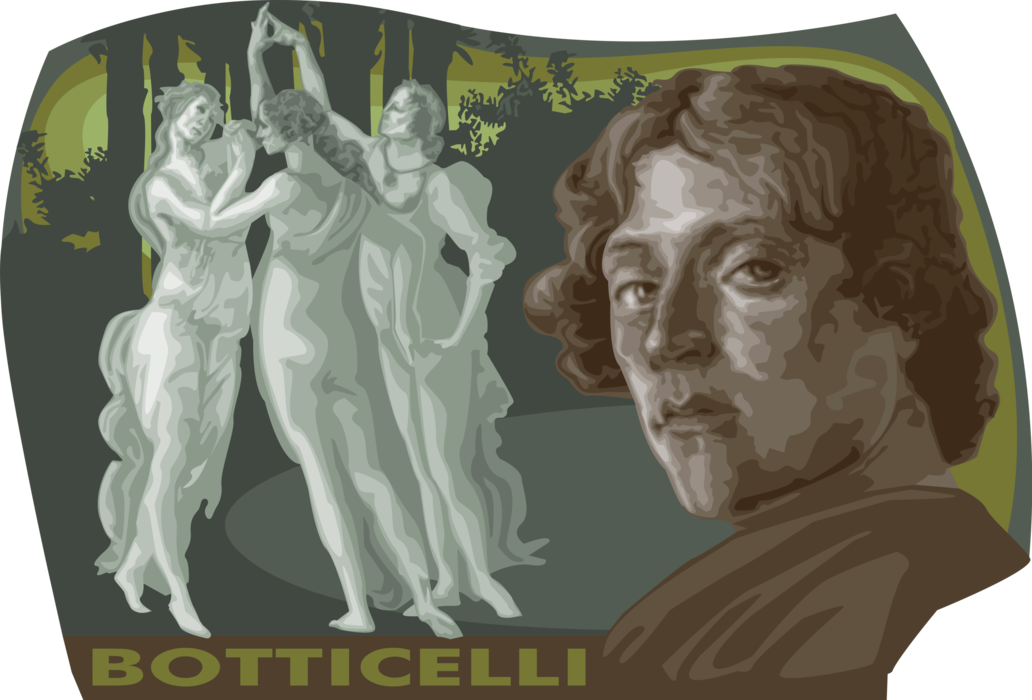 Vector Illustration of Sandro Botticelli, Italian Artist Painter of Early Renaissance with Primavera Allegory of Spring