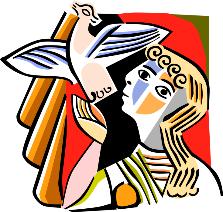 Vector Illustration of Picasso Inspired Releasing Dove to Commemorate Offering of Hope at Wedding or Birthday