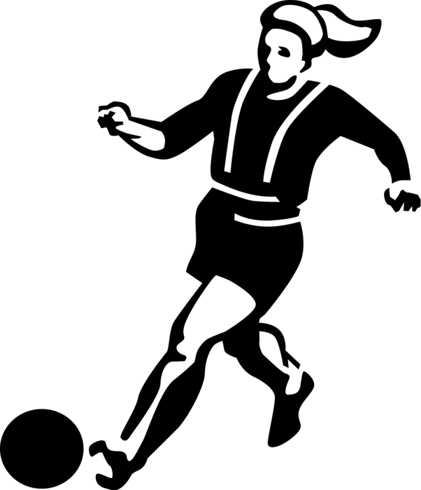 Vector Illustration of Sport of Soccer Football Player Dribbling Ball in Game on Pitch