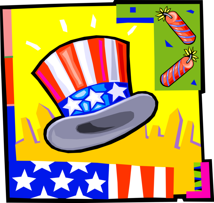 Vector Illustration of United States 4th of July American Independence Day Celebration with Uncle Sam Hat and Fireworks