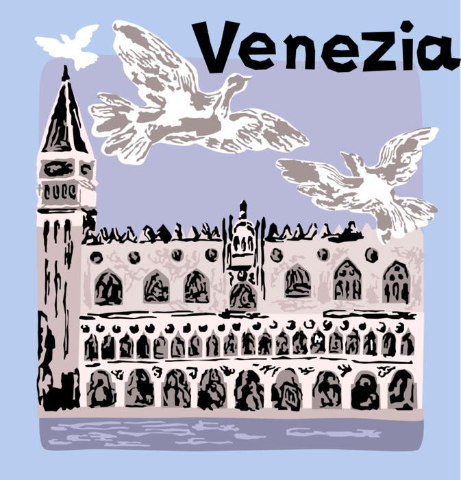 Vector Illustration of Palazzo Ducale The Doge's Palace Overlooking Grande Canal Venice, Italy
