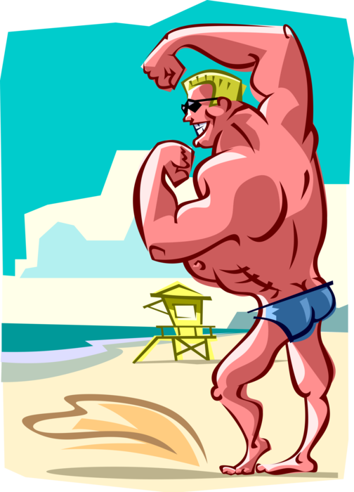 Vector Illustration of Muscleman Bodybuilder with Brawny Physique Flexes Muscles on the Beach